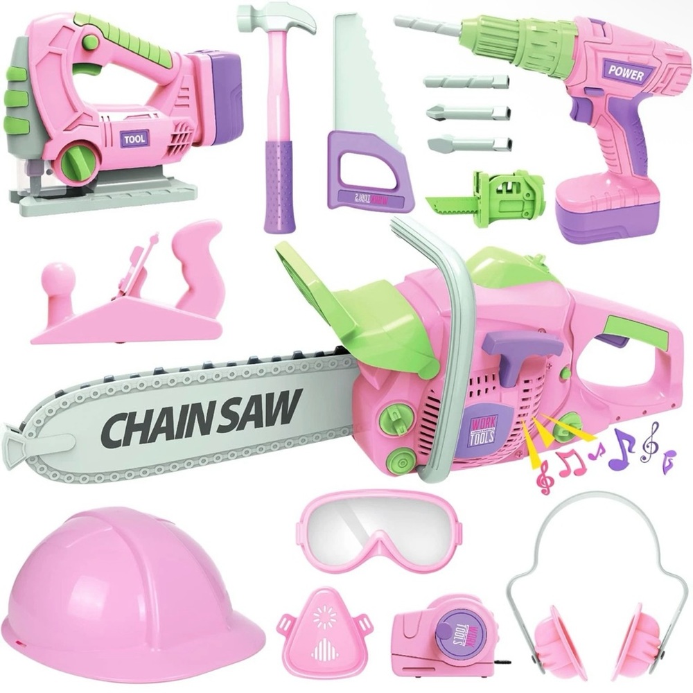 Toddler Tool Set,Kids Tool Set With Toy Chainsaw,Construction Toy Pink